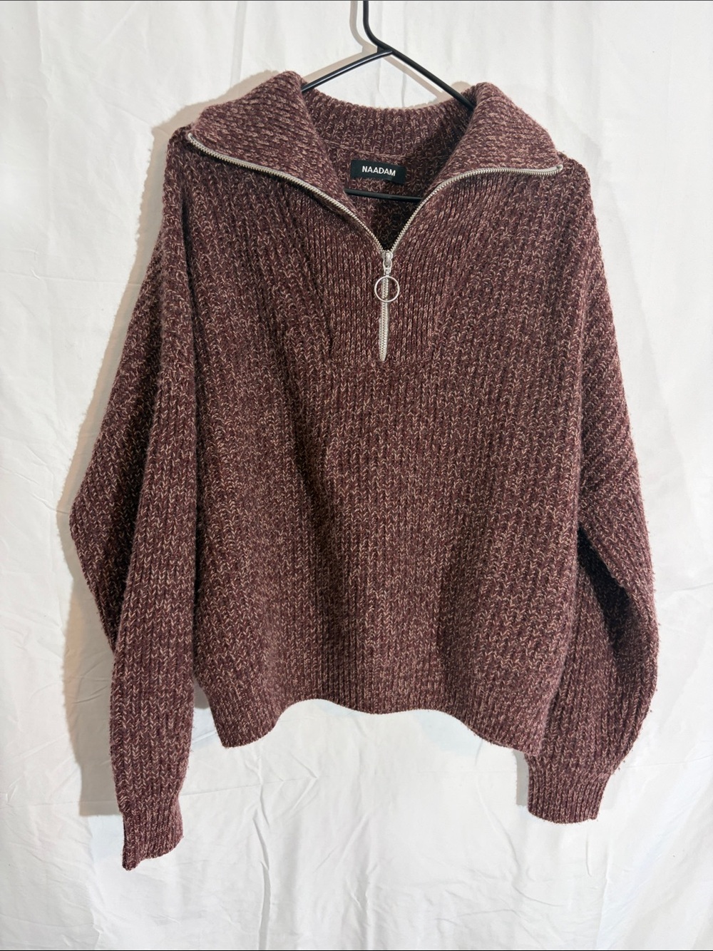 NAADAM Burgundy Zip-Front Chunky Knit Sweater